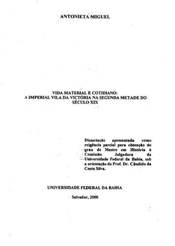 Vida Material e Cotidiano - Universidade Federal da Bahia