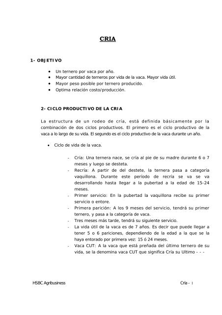 HSBC Agribusiness Cría - 1 1- OBJETIVO • Un ternero por vaca por ...