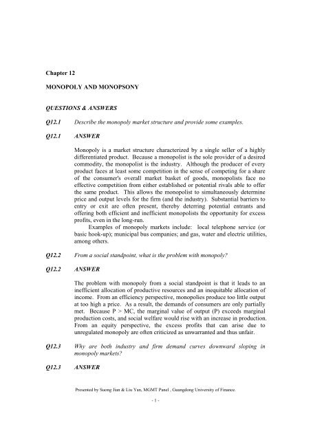 Chapter 12 MONOPOLY AND MONOPSONY QUESTIONS ...