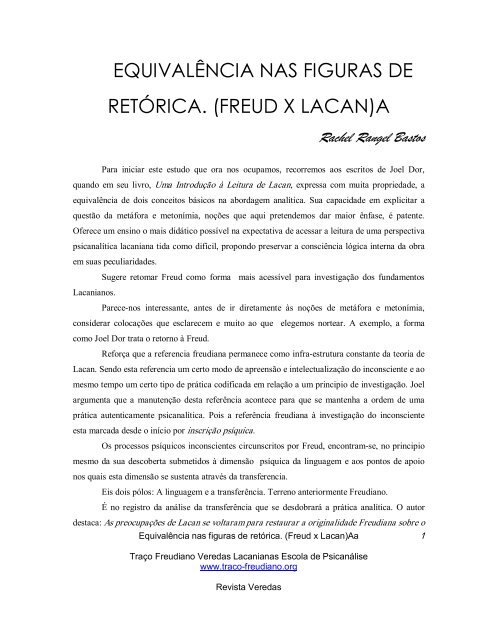 equivalência nas figuras de retórica. (freud x lacan) - revistas ...