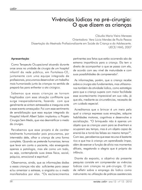 Vivências lúdicas na pré-cirurgia: O que dizem as crianças - CETO