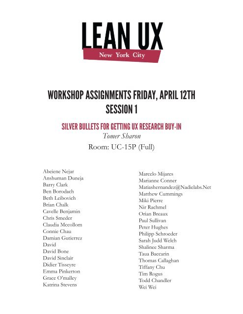 Workshop Assignments FridAy, April 12th session 1