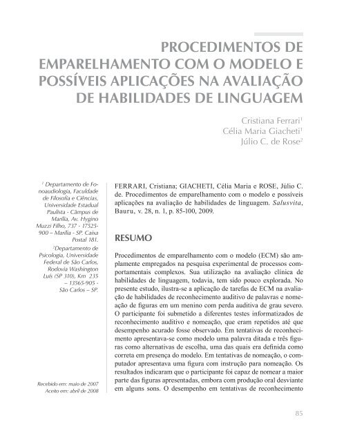 Procedimentos de emparelhamento com o modelo e possíveis - USC