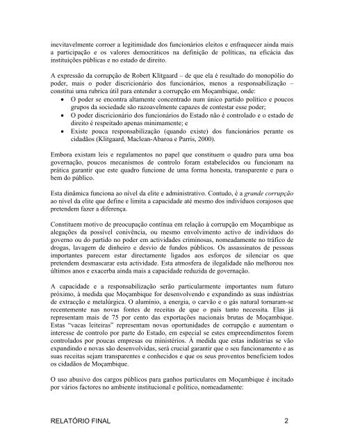 AVALIAÇÃO DA CORRUPÇÃO: MOÇAMBIQUE