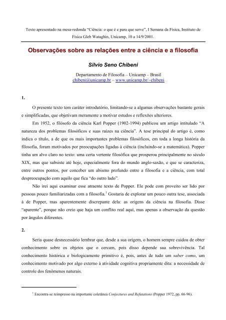 Observações sobre as relações entre a ciência e a filosofia - Unicamp