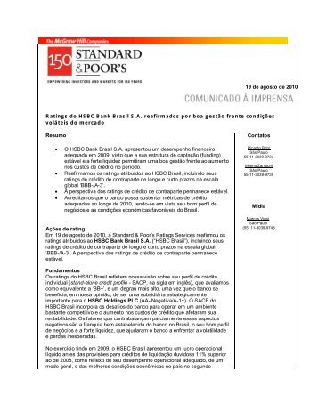 19 de agosto de 2010 Ratings do HSBC Bank Brasil SA reafirmados ...