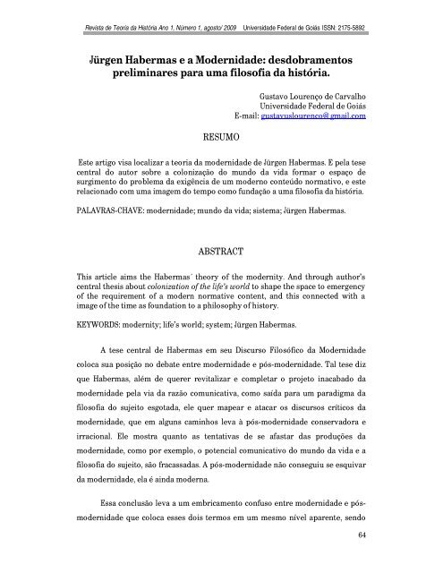 Jürgen Habermas e a Modernidade: desdobramentos preliminares ...