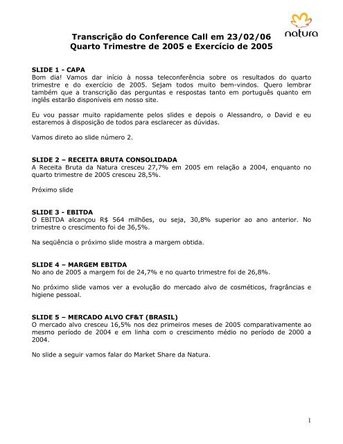 Transcrição do Conference Call em 23/02/06 Quarto ... - Natura