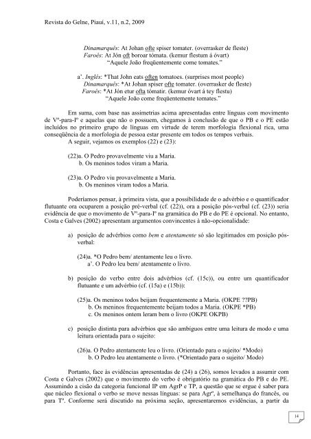 morfologia flexional e movimento do verbo em português - GELNE