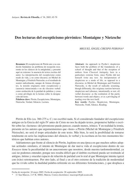 Dos lecturas del escepticismo pirrónico: Montaigne y Nietzsche