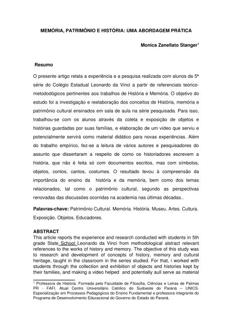 MEMÓRIA, PATRIMÔNIO E HISTÓRIA: UMA ABORDAGEM PRÁTICA