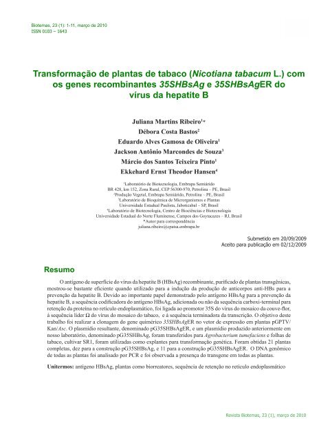 Transformação de plantas de tabaco (Nicotiana tabacum ... - Biotemas