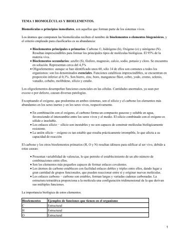 TEMA 1 BIOMOLÉCULAS Y BIOELEMENTOS. Biomoléculas o ...