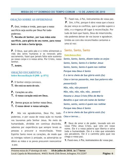 Folheto para Missa do dia 13 de junho 2010 - Fontecatolica.com