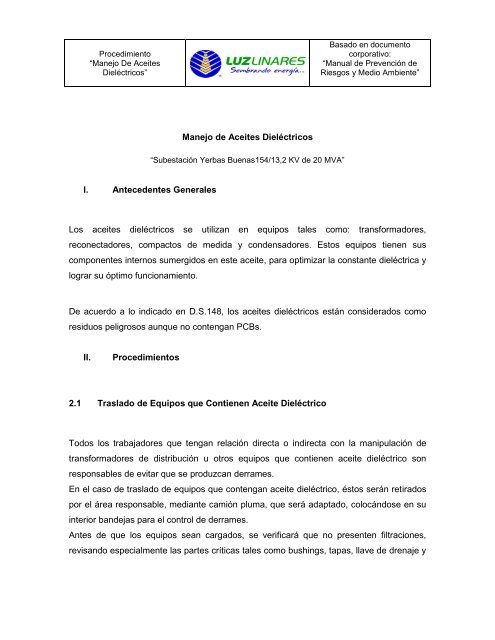 anexo n° 4 procedimiento para el manejo de aceites dielectricos