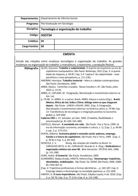 Tecnologia e organização do trabalho - Setor de Ciências Humanas ...