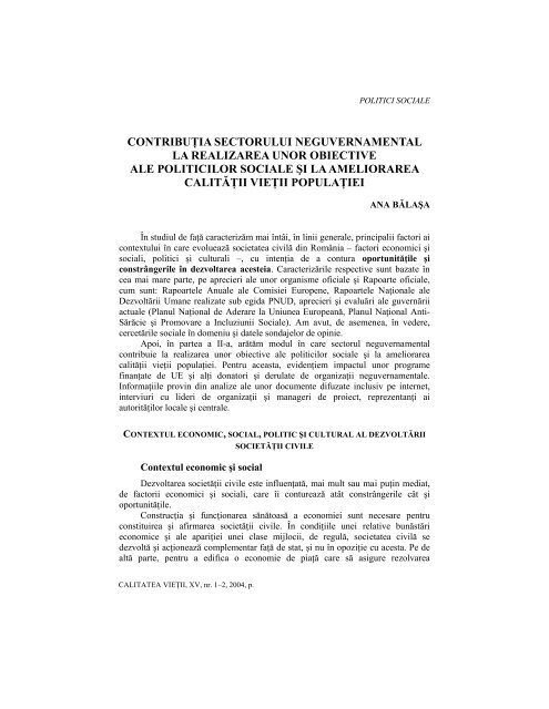 ale politicilor sociale şi la ameliorarea calităţii vieţii