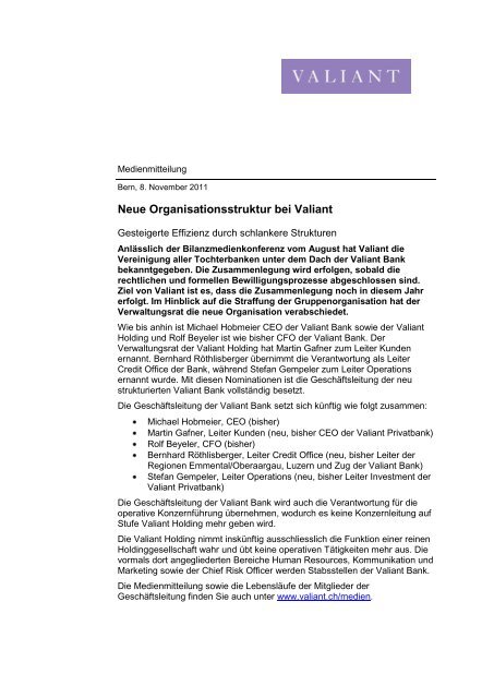 Medienmitteilung 08.11.2011 (PDF, 18.4 KB) - Valiant Bank