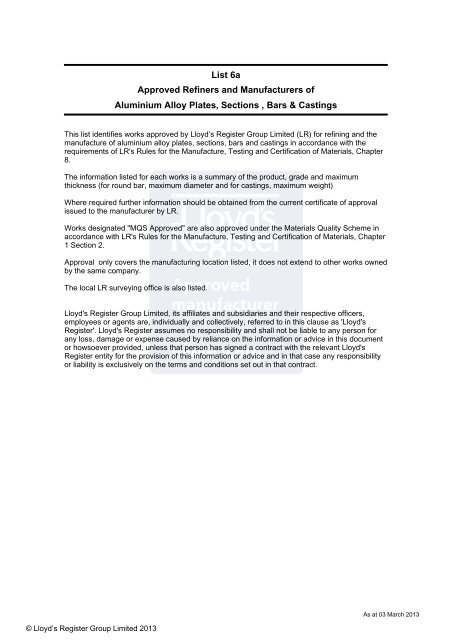 List 6a Approved Refiners and Manufacturers of  - Lloyd&rsquo;s Register