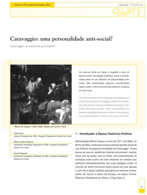 Caravaggio: uma personalidade anti-social? - Saúde Mental