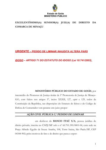 Ação Civil Publica com pedido de liminar Idoso x Banco itau - Minacu