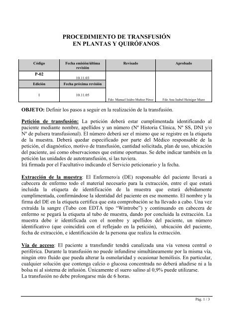 procedimiento de transfusión en plantas y quirófanos. - Carlos Haya