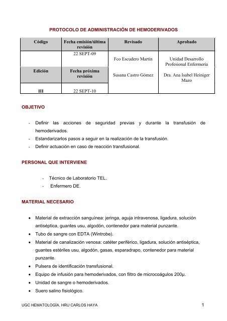 Protocolo de administración de hemoderivados - Carlos Haya