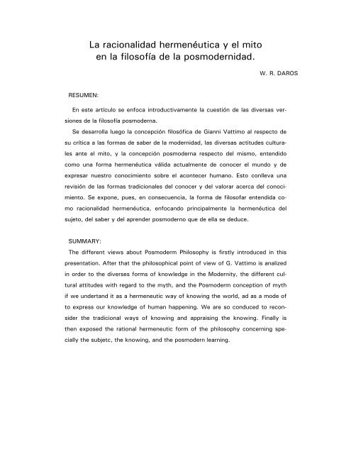 La racionalidad hermenéutica y el mito en la ... - William R. Daros