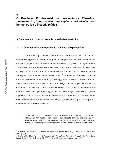 2 O Problema Fundamental da Hermenêutica Filosófica ... - PUC Rio