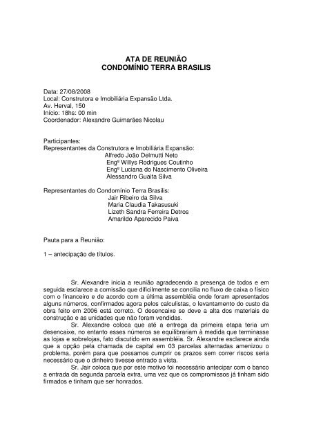 ATA DE REUNIÃO CONDOMÍNIO TERRA BRASILIS - Sub100