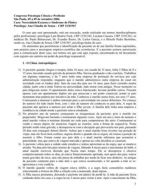 Necessidade/Escassez e Síndrome do Pânico - Núcleo Castor ...