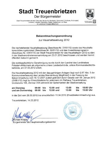 Übersicht Erträge/Aufwendungen 2012 - Treuenbrietzen