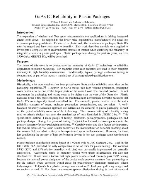 GaAs IC Reliability in Plastic Packages PDF - TriQuint Semiconductor