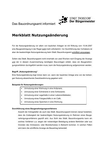 Merkblatt Nutzungsänderung - Stadt Troisdorf