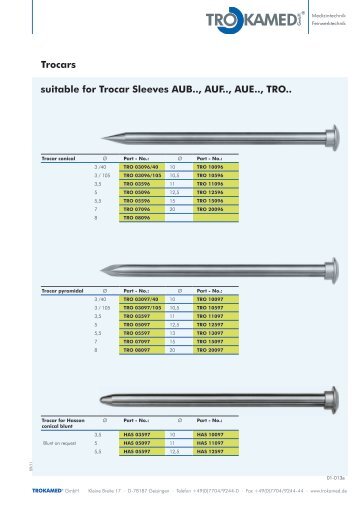 Trocars suitable for Trocar Sleeves AUB.., AUF ... - Trokamed GmbH