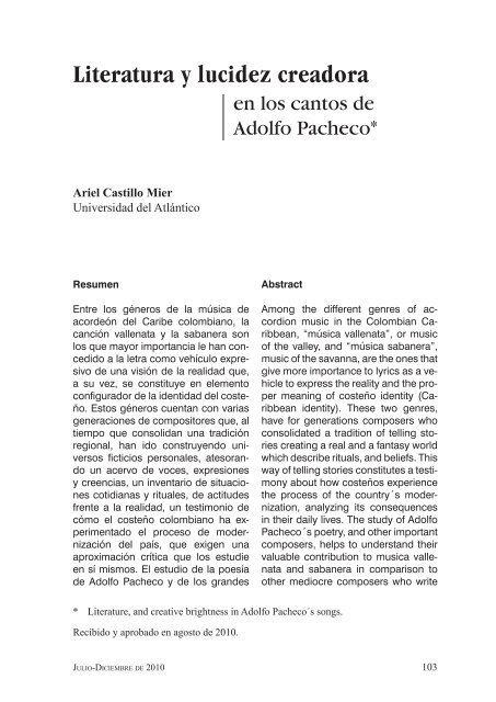 6. Literatura y lucidez creadora en los cantos de Adolfo ... - ceilika