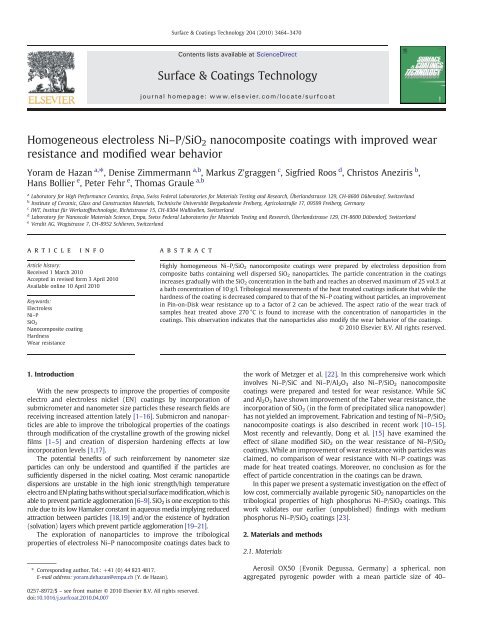 Homogeneous electroless Ni–P/SiO2 nanocomposite ... - Veralit-CH