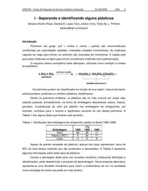 I - Separando e identificando alguns plásticos - gpquae - Unicamp