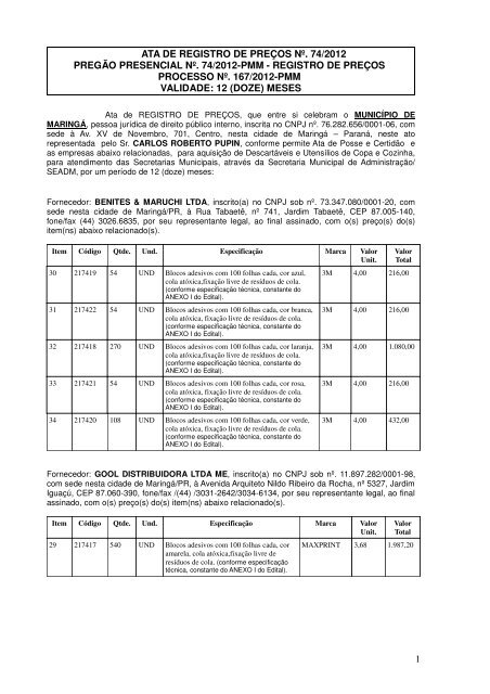 Ata 074 12 - PP 074 12 - Aq. descartaveis e utensilios de ... - Maringá