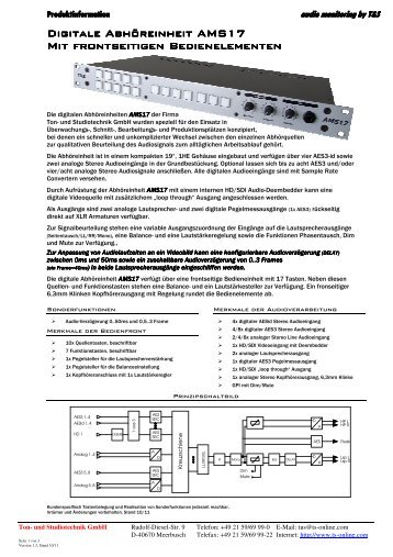 Produktinformation AMS17-V13 - T&S Ton- und Studiotechnik GmbH