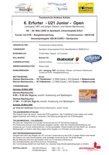Ausschreibung zu den 6. Erfurter U21 JUNIOR OPEN