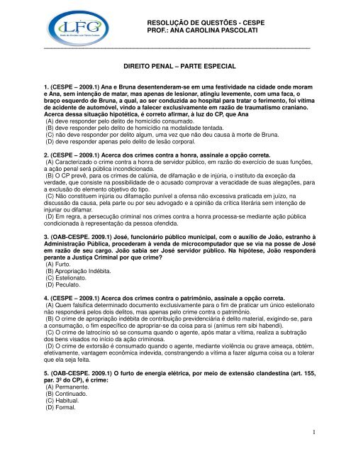 resolução de questões - cespe prof.: ana carolina pascolati - LFG