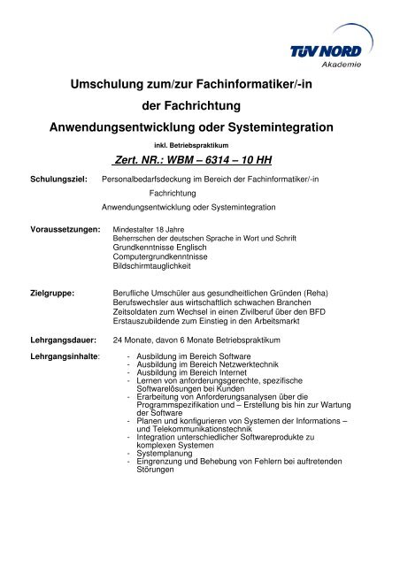 Infoblatt Umschulung Fachinformatiker Tuv Nord Gruppe