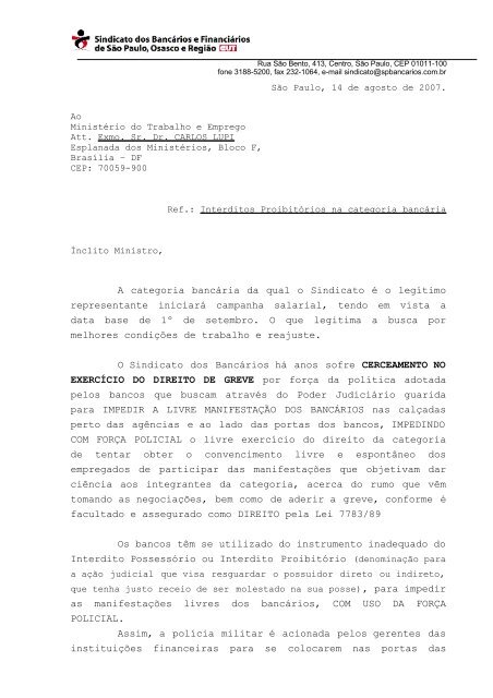 Carta ao MTE sobre o Interdito Proibitório - Sindicato dos Bancários