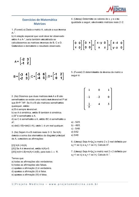 Exercicios De Matematica Matrizes Projeto Medicina Exercicios De Matematica Matrizes Projeto Medicina