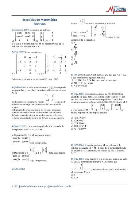 Exercícios de Matemática Matrizes - Projeto Medicina