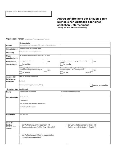 Antragsformular zur Aufstellung von Spielautomaten