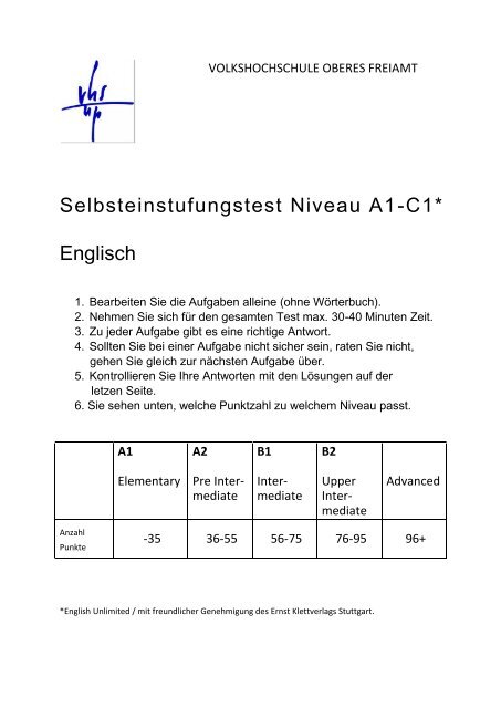 Selbsteinstufungstest Niveau A1-C1* Englisch