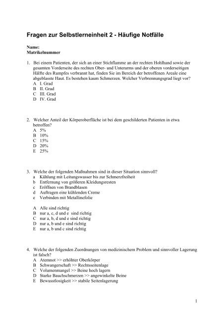 Fragen zur Selbstlerneinheit 2 - Häufige Notfälle