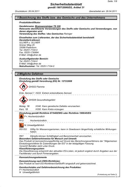 Bremsenreiniger TS 220 - Ullner u. Ullner